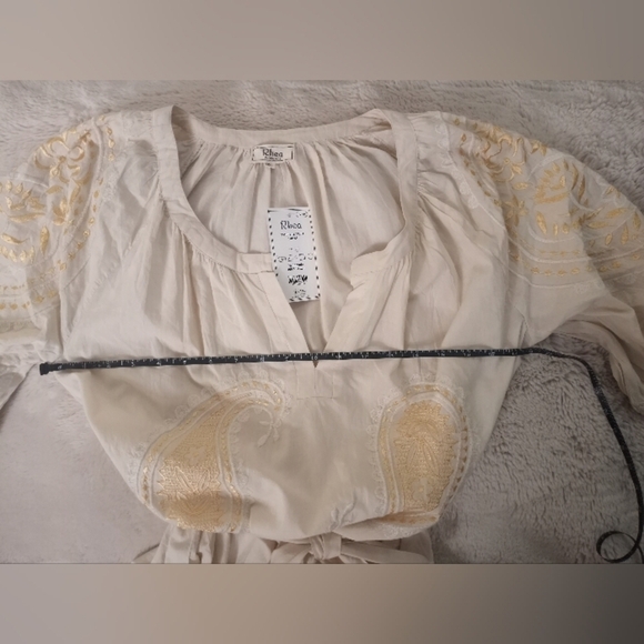 Rhea Handmade Cotton Silk Embroidered Floral Puffed Sleeve Bohemian Casual Midi - Picture 12 of 13